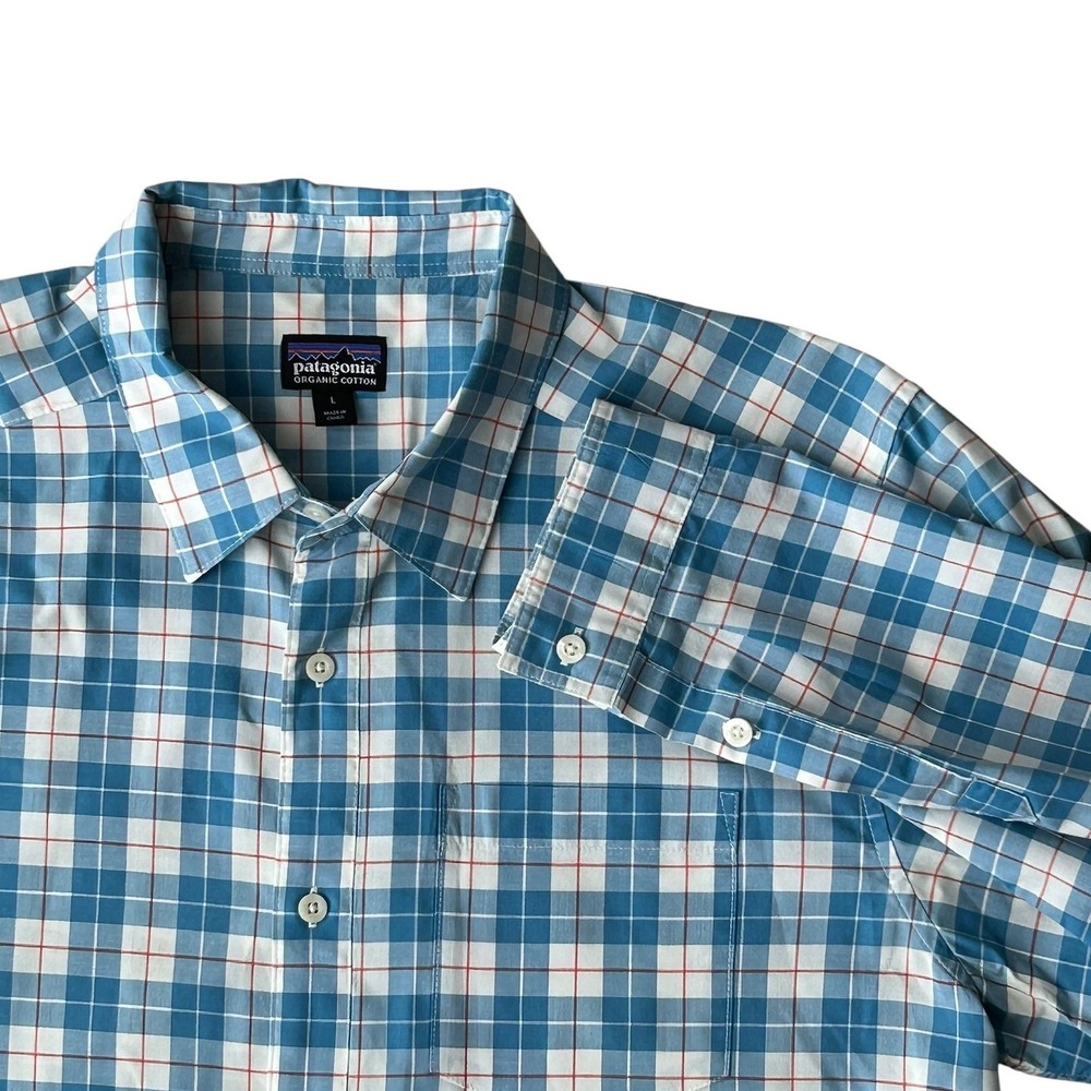 Patagonia Mens Organic Cotton Blue White Plaid Long Sleeve Button Down Shirt L